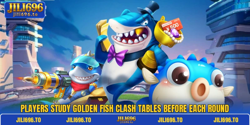 Players study Golden Fish Clash tables before each round